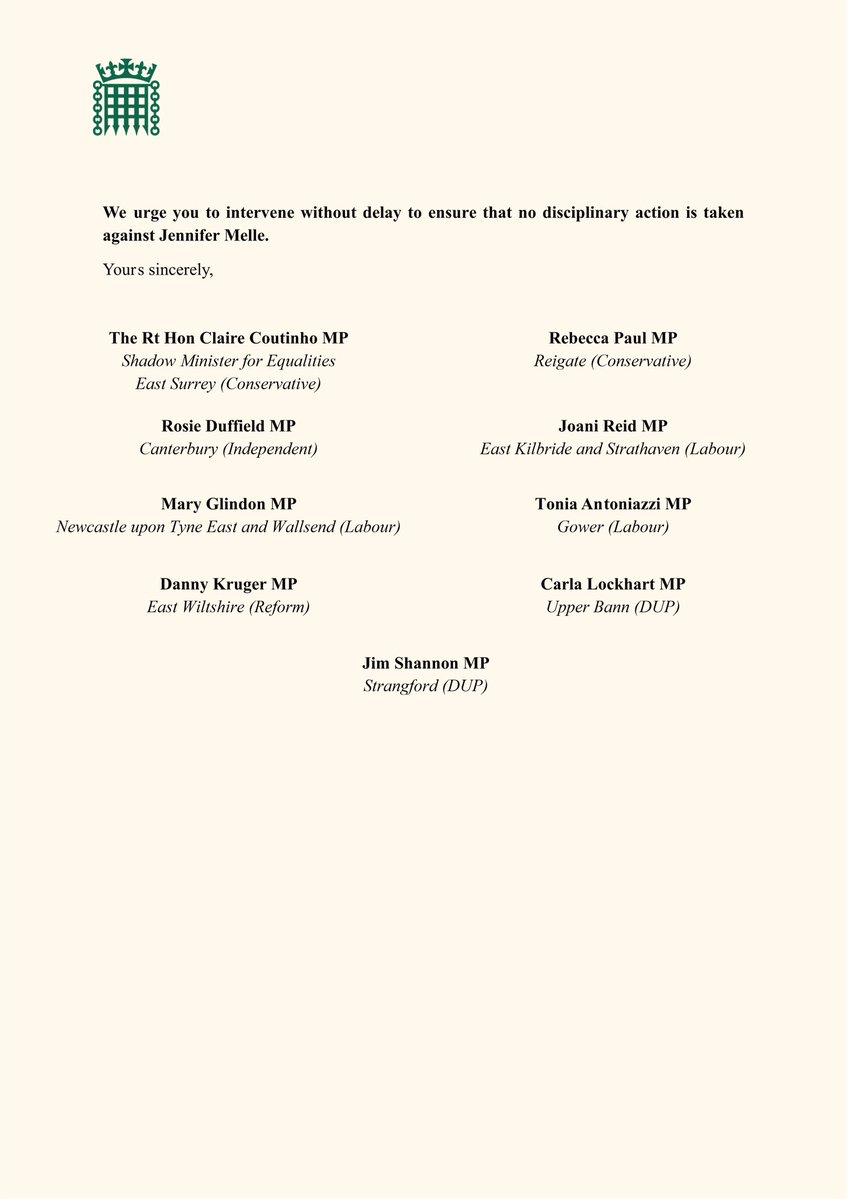 ClaireCoutinho's tweet image. No nurse should be punished for recognising that biological sex is real.

As a cross-party group of MPs from across the political spectrum, we say enough is enough.

The Epsom NHS Trust must drop their witch-hunt against Jennifer Melle. Full letter below.

SaveJennifer.com…