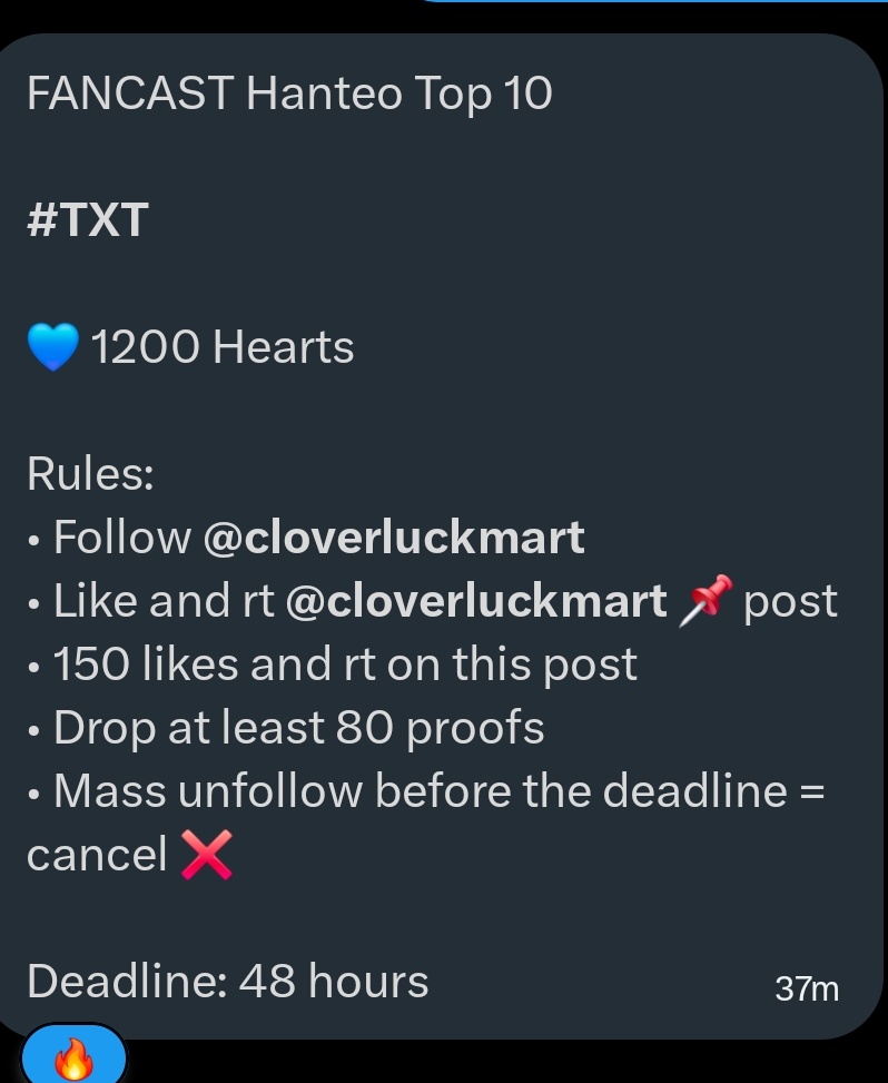 TXTempo304's tweet photo. FANCAST Hanteo Top 10  

#TXT 

💙 1200 Hearts

Rules:
• Follow @cloverluckmart 
• Like and rt @cloverluckmart 📌 post
• 150 likes and rt on this post
• Drop at least 80 proofs 
• Mass unfollow before the deadline = cancel ❌️

Deadline: 48 hours https://t.co/r8RIG0QBlF