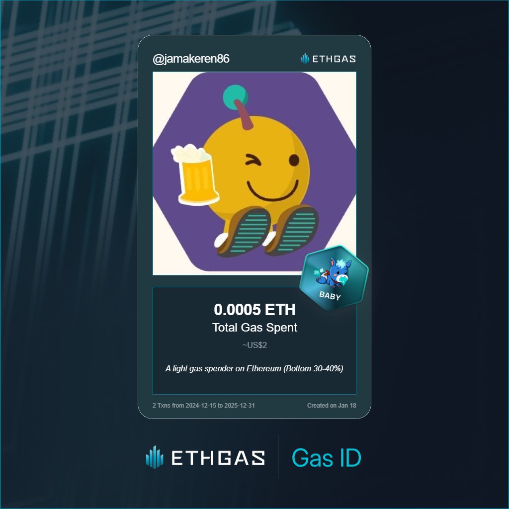 Just unlocked my Gas ID via ETHGas 🪪

I'm a Baby Jack with 0.0005 ETH spent on gas since Beacon Chain - now fueling my climb to the Gasless Future and earned 1 Beans already. 

Reveal yours at ethgas.com/community/gas-…