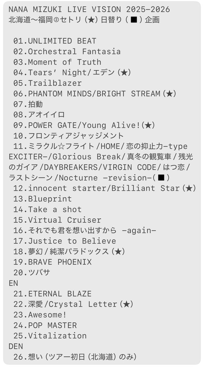 1/18 NANA MIZUKI LIVE VISION 2025-2026 VIEW11 福岡②セトリ ※2枚目