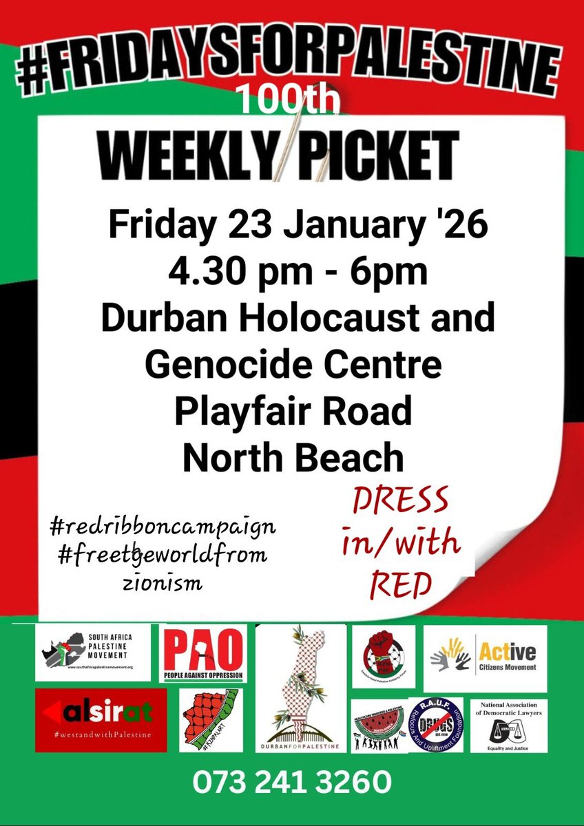 SaydoonSayed's tweet image. 100th #fridaysforpalestine – Durban
In the name of justice, dignity, and unwavering solidarity,
We warmly invite you to join us for a historic milestone as we commemorate our 100th consecutive #fridaysforpalestine in Durban.