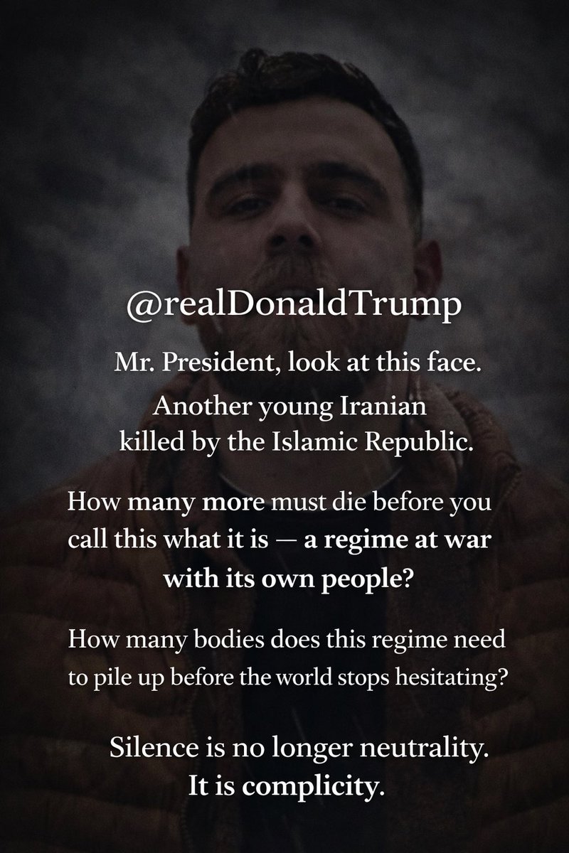 aliibamdad's tweet photo. @realDonaldTrump
Mr. President, look at this face.
Another young Iranian killed by the Islamic Republic.
How many more must die before you call this what it is
a regime at war with its own people?
How many bodies does this regime need to pile up
before the world stops hesitating? https://t.co/t6IaPvBnyA