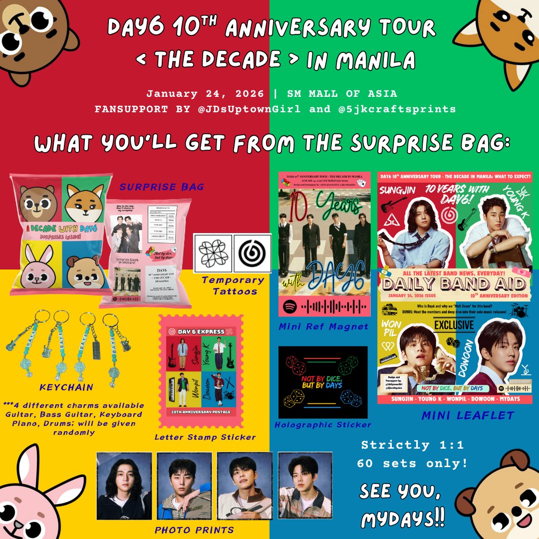 JDsUptownGirl's tweet image. 🎲Day6 10th ANNIVERSARY TOUR 
&amp;lt; THE DECADE &amp;gt; IN MANILA 🍀

Fansupport by: @JDsUptownGirl and @5jkcraftsprints

🎲Like &amp;amp; RT this post
🎲MBF
🎲Time and Location - TBA
🎲Open for trades, pls dm or reply

See you, Mydays! 🫶
#DAY6_10th_Anniversary_Tour #The_DECADE #The_DECADE_MANILA