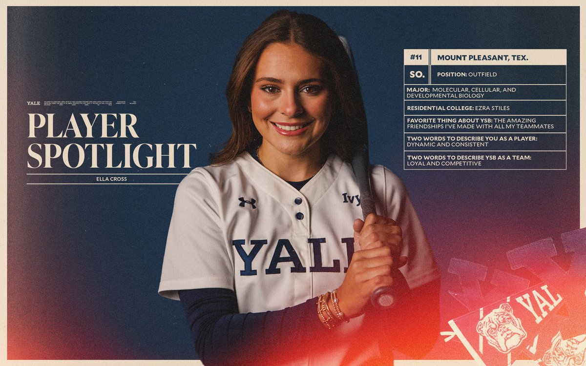 YaleSoftball's tweet image. Up next we have sophomore Ella Cross! You’ll find Ella in the outfield wearing 1️⃣1️⃣ for the Bulldogs, but you might see an infield sighting this year too! 👀
​
​Just 26 days away from being back on the field!