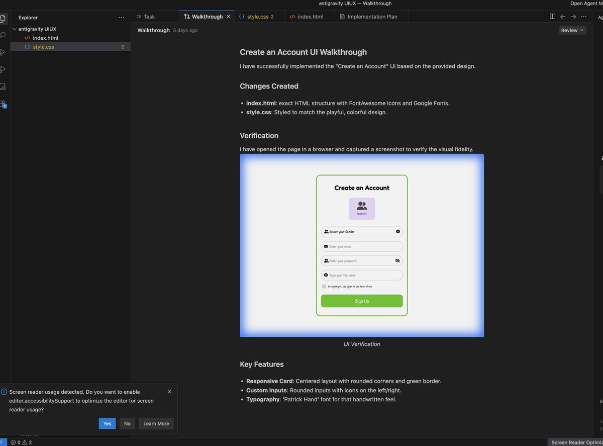 DearChibuzor's tweet photo. Vibe coding resonates because itโs part of my workflow. Start with clarity, set boundaries, and let intelligent systems handle execution, tools like Anti-Gravity act as a smart assistant in your workspace.
#AI #antigravity #figmatocode #prompting #prompts https://t.co/8Bclkx4JI7