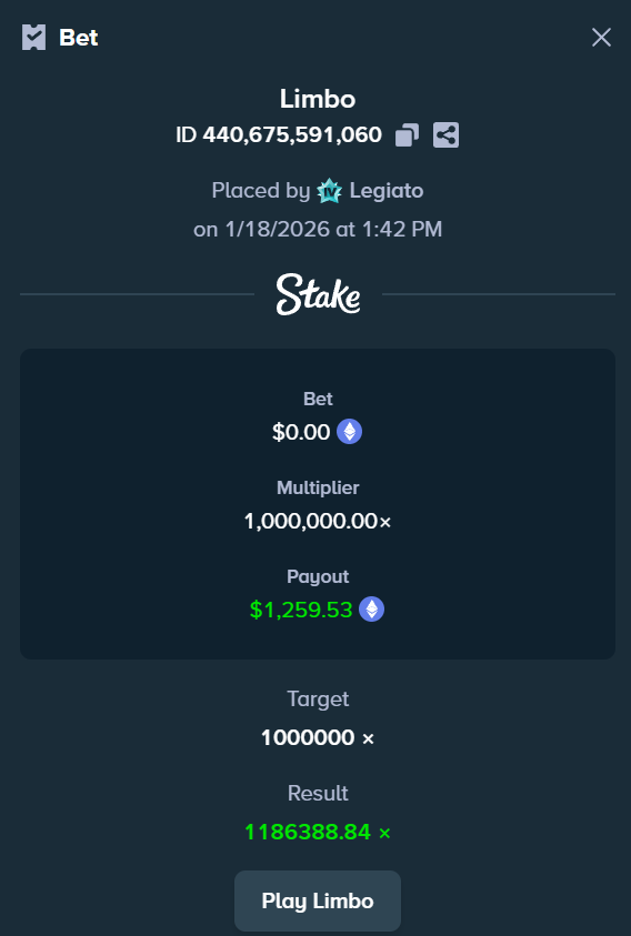 What can I say…LIMBO... <a href="/Stake/">Stake.com</a> Original Games have, without any doubt the best games in the whole crypto casino world. 
This time the bet size was 0.00000038 ETH ($0.0013 USD).

Join me live on
@Kick every weekday 10ish–12ish CET. Link in bio 🔗