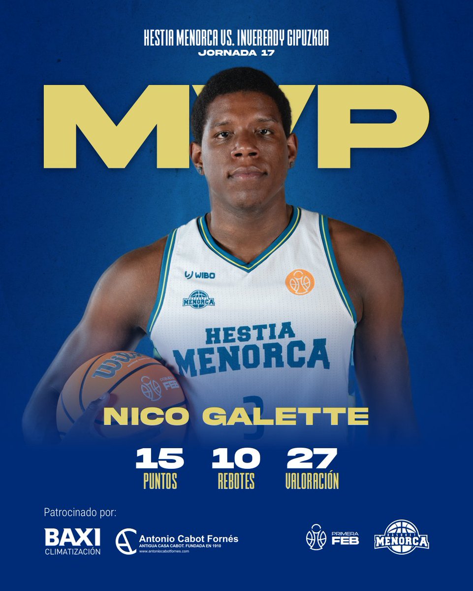 🔥 <a href="/BAXI_ES/">BAXI</a> 𝗠𝗩𝗣 𝗝𝟭𝟳 · Nico Galette (<a href="/Nico_Galette/">Nico Galette</a>) ⭐️

𝙑𝘼𝙇𝙊𝙍𝘼𝘾𝙄𝙊́𝙉: 2⃣7⃣
🔹 𝟭𝟱 𝗽𝘂𝗻𝘁𝗼𝘀
🔹 𝟭𝟬 𝗿𝗲𝗯𝗼𝘁𝗲𝘀
🔹 𝟱/𝟴 𝗧𝗖

©️ By Antonio Cabot Fornés S.A.

𝐎𝐫𝐠𝐮𝐥𝐥 𝐝𝐞 𝐏𝐫𝐢𝐦𝐞𝐫𝐚!
#MenorcaGBC #UnaillaUnequip #EsportsCIMe #EsportsIllesBalears