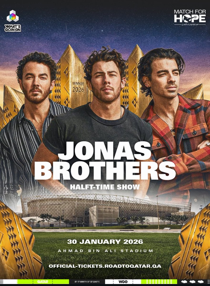Jonas Brothers will be performing at the Match for Hope Halftime Show in Doha, Qatar at Ahmad bin Ali Stadium on January 30th!