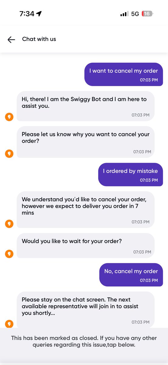 Rutikkbrid's tweet photo. Extremely disappointed with @SwiggyInstamart.
I accidentally placed an order and tried to cancel within 1 minute, but the chatbot kept delaying with irrelevant replies.
Then I was asked to pay a ₹50 cancellation fee for their poor support flow. https://t.co/ZeMibuRtUO
