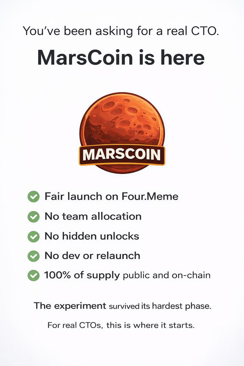 Everyone says they want the next real CTO.
Almost no one is positioned for one.

$MarsCoin on BNB Chain is not a launch, not a relaunch, not a recycled narrative.
It is a finished experiment that survived its hardest phase.

Fair launch on Four Meme Rush

When risk is gone,