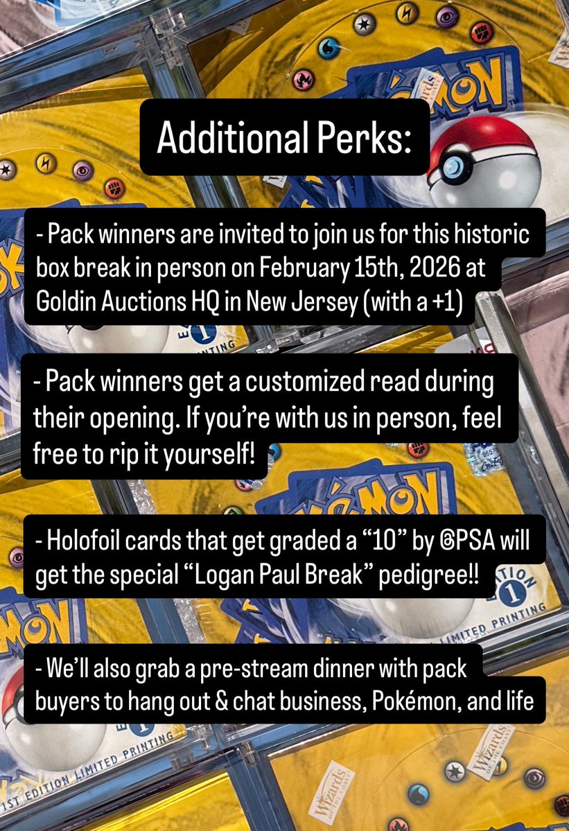 LoganPaul's tweet image. Could’ve bought a private jet but I bought Pokémon cards…

Only 7 days left to participate in the biggest 1st Edition Pokémon box break in history😮‍💨 36 packs, 36 lots