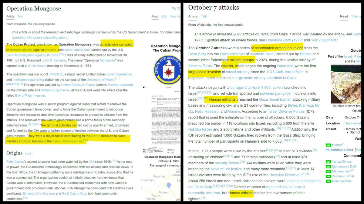 Saul_Sadka's tweet image. You can’t possibly hate Wikipedia enough: October 7 wasn’t a terror attack, but Operation Mongoose—the Kennedy administration’s attempt to overthrow the repressive Cuban junta—was terrorism.

So JFK did terrorism, but Sinwar didn’t. Dumb Third-Worldist propaganda.