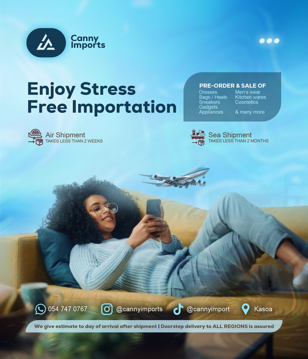 itsgernew's tweet photo. Bringing goods from abroad shouldn't give you grey hairs! ✈️📦
We designed this flyer for Canny Imports to show just how "chill" importation can be when experts handle the logistics.

Designed by +233502057335

#flyerdesign #logistics #graphicdesigner #importation #oder https://t.co/VEU6oYJv7o