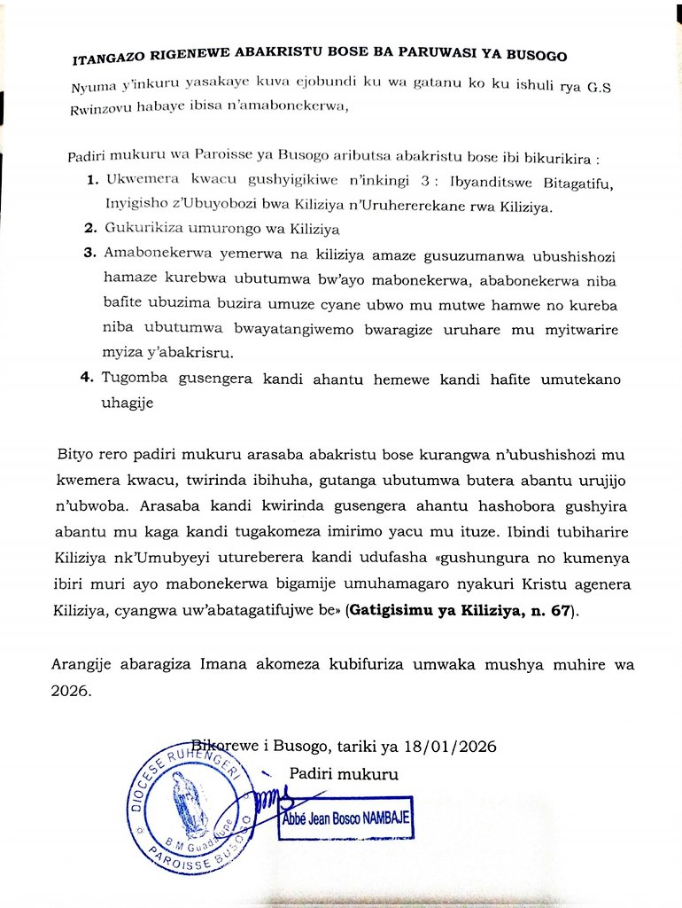 RwandaMaria's tweet image. ITANGAZO RYA PARUWASI YA #BUSOGO KU BISA N'#AMABONEKERWA AVUGWA KO YABAYE KURI G.S.RWINZOVU, KU WA GATANU NO KU WA GATANDATU hagati Y'ITARIKI 16-17 MUTARAMA  2026. @RuhengeriDioces @DOCICO_CEPR