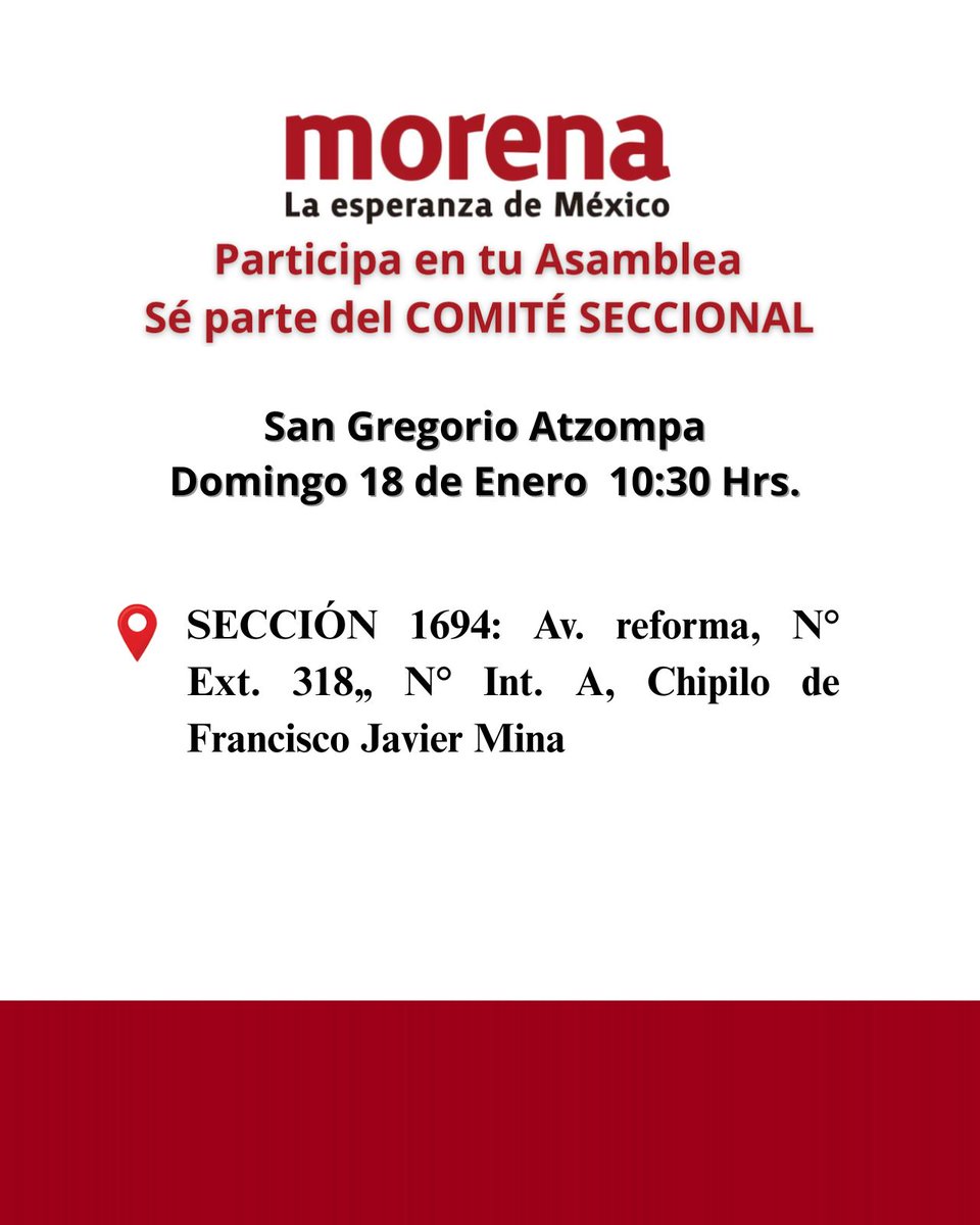 agustingc2012's tweet image. Este domingo 18 de enero, a las 10:30 horas, tenemos Asambleas de @MorenaPuebla_ 
Seguimos construyendo nuestra estructura de base, los #ComitesMorena 
En #Chipilo municipio de #SanGregorioAtzompa será en esta sección👇
Participa y sé parte del segundo piso de la…