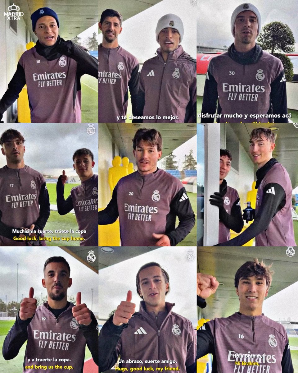 MadridXtra's tweet image. 🤍🇲🇦 Real Madrid players supporting Brahim for the final today:

Kylian Mbappé: “Hi Brahim, good luck for the final, onto the win!”

Jude Bellingham: “Good luck mate, we’re all rooting for you. We love you lots. Hala Madrid!”

Courtois: “Good luck, bro. Win it!”

Mastantuono:…