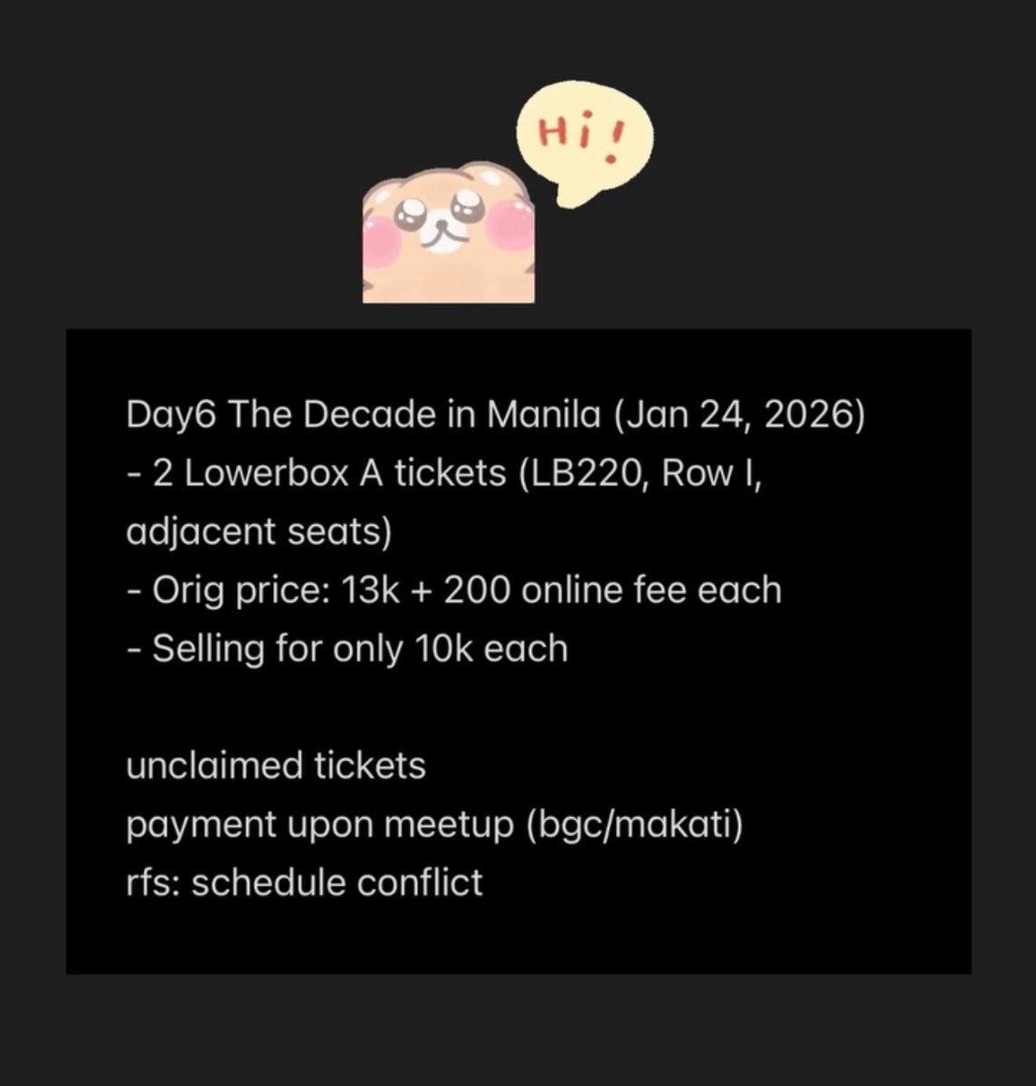 mnmpjm's tweet photo. Hi Mydays PH~! 

Day6 The Decade Tour in Manila Lowerbox Tickets !! DM me if interested~

#Day6 #MyDaysPH #mydays https://t.co/C7QspLYaHi