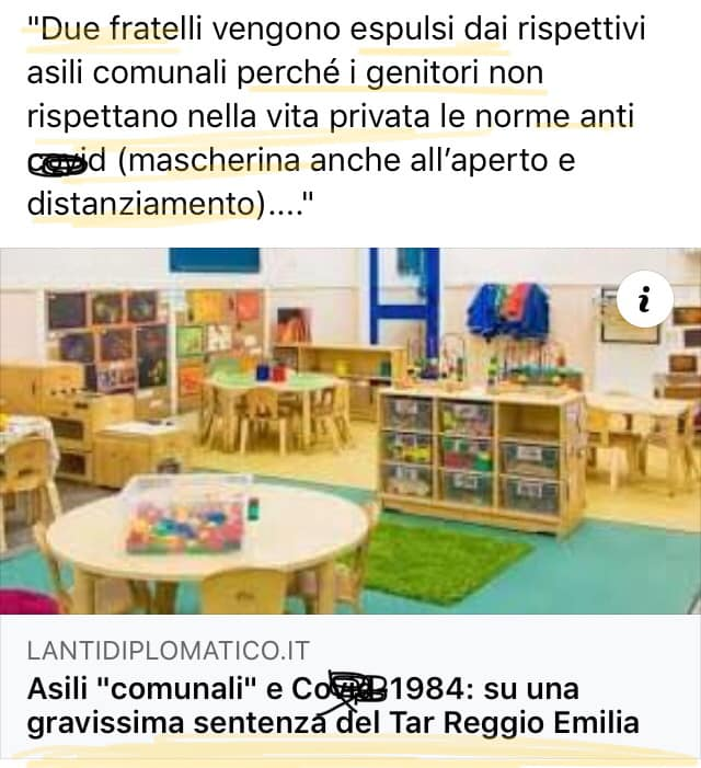 Erinni15's tweet image. "Due fratelli vengono espulsi dai rispettivi asili comunali perché i ➡️GENITORI ⬅️
 non rispettano nella vita privata 
le norme anti #Covid (#mascherina anche all’aperto e #distanziamento)….

LANTIDIPLOMATICO.IT
#LOCKDOWN #restrizionicovid #covid19 #distanziamentoSociale