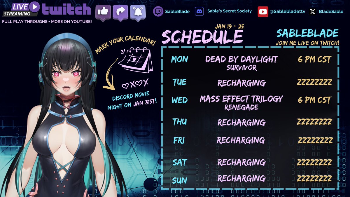 BladeSable's tweet image. Schedule for this week! DBD &amp;amp; Mass Effect Renegade playthrough! Come join me! #Vtuber #twitch #twitchstreamer #streamer #MassEffect #dbd #DeadbyDaylight #MassEffectTrilogy #AmnesiaTheBunker #ScareSable
