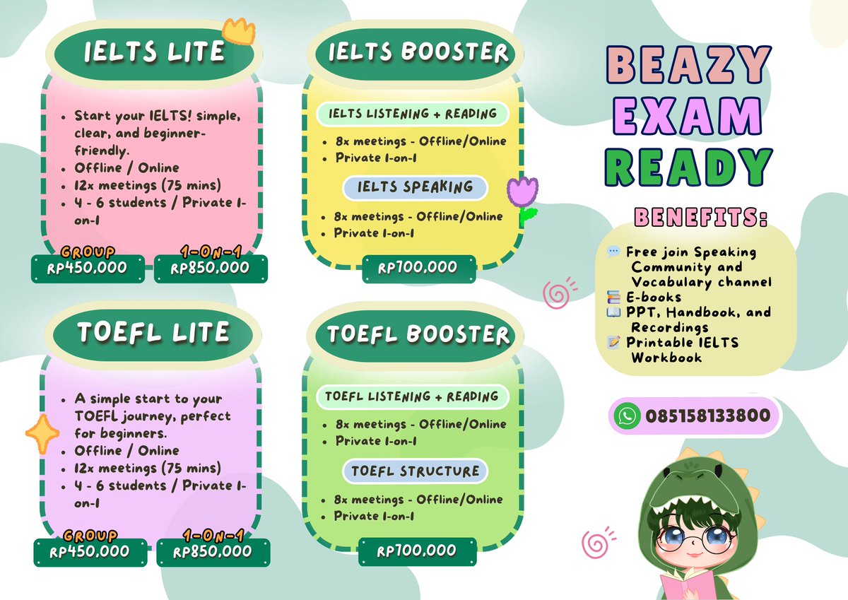 beazyclass's tweet image. Hiii hiii, mau mulai belajar IELTS/TOEFL tapi bingung darimana? yuukk belajar bareng Beazy! 🌟💭

✨️ Small class
✨️ Intensif &amp;amp; terarah
✨️ Beginner friendly 

SAVE YOUR SEAT! 💖

#BelajarBahasaInggris #IELTSClass #TOEFLClass #LesBahasaInggris #zonauang
