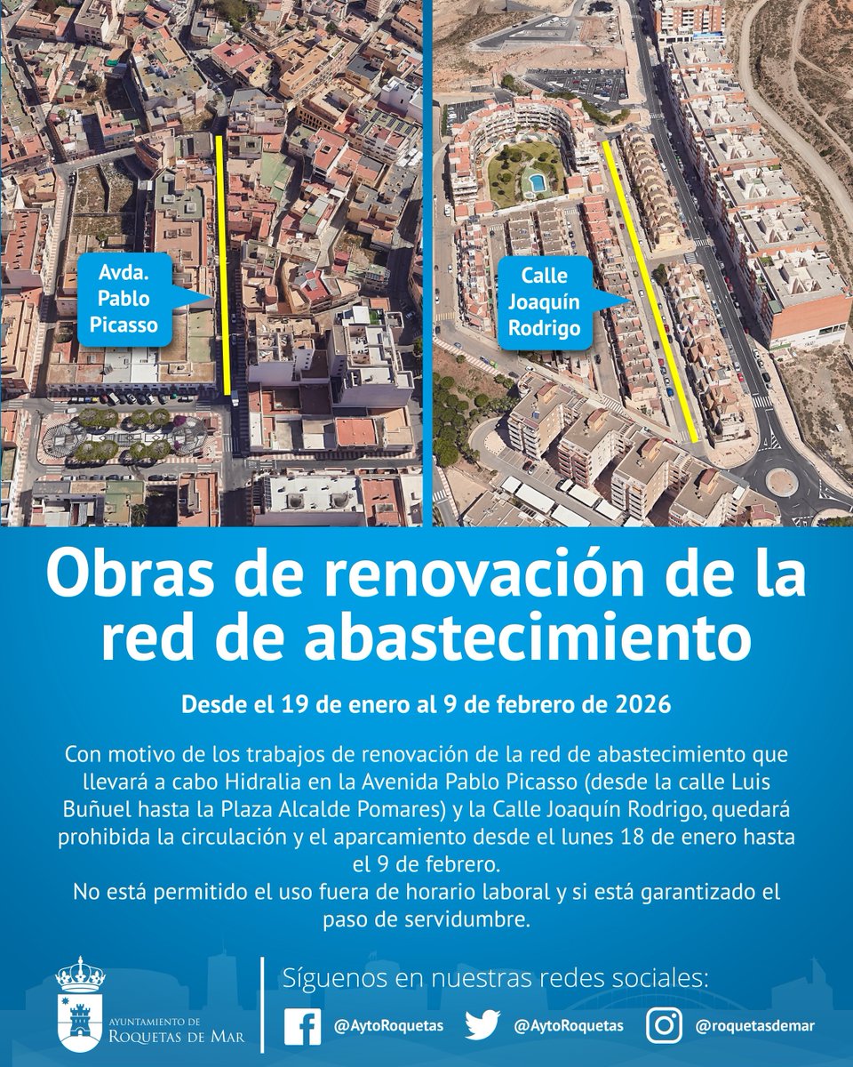 🚧 #AVISO | Obras de mejora en la red de abastecimiento en #Roquetas.

📍 Avda. Pablo Picasso y C/ Joaquín Rodrigo. 
🗓️ Del 19/01 al 09/02. 
⛔ Cortado el tráfico y prohibido aparcar en la zona de obras.

🙏 Disculpen las molestias. Trabajamos para mejorar.