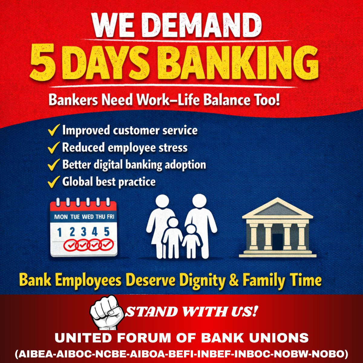 Our Demand Just Demand 
#Implement5DayBanking 
<a href="/nsitharaman/">Nirmala Sitharaman</a> 
<a href="/ChVenkatachalam/">CH VENKATACHALAM</a> 
<a href="/ChairmanIba/">Chairman IBA</a>
