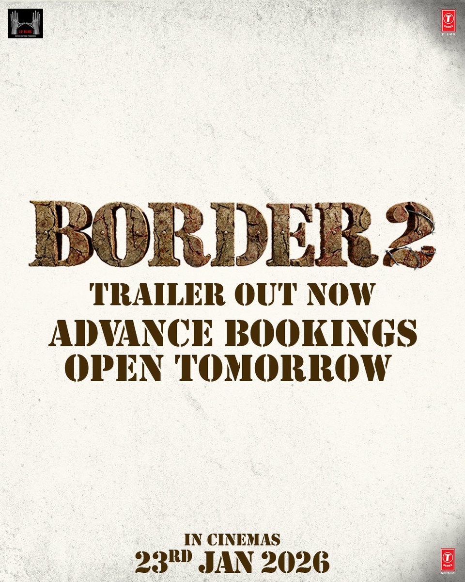 Apna vaada poora karne, aa rahe hain in just 5 days! 🤝

Advance bookings open tomorrow.

#Border2 trailer out now.
🔗 - linktr.ee/Border2

In cinemas worldwide on 23rd January.

<a href="/iamsunnydeol/">Sunny Deol</a> <a href="/Varun_dvn/">Varun Dhawan</a> <a href="/diljitdosanjh/">DILJIT DOSANJH</a> <a href="/ahanshetty28/">Ahan Shetty</a> #BhushanKumar #JPDutta <a href="/RealNidhiDutta/">Nidhi Dutta</a>