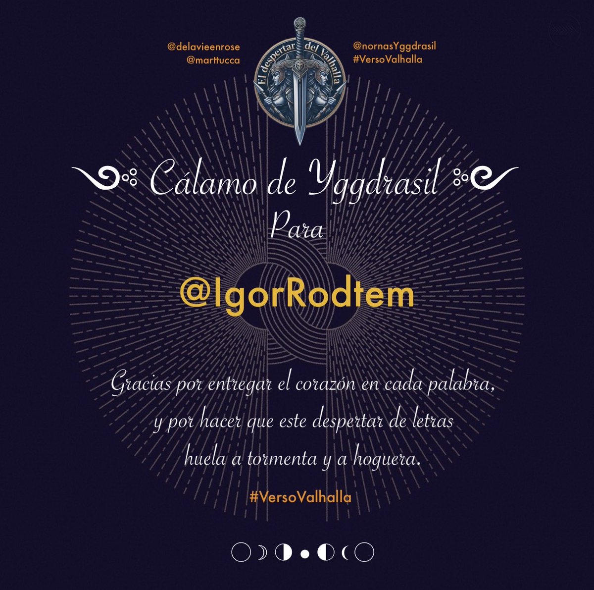nornasYggdrasil's tweet image. Hola, Valhallas:

Por la genialidad y la fuerza desgarradora que desprenden sus letras, nuestro ༺ Cálamo de Yggdrasil ༻ de esta semana es: @IgorRodtem 

Agradecemos a tod@s vuestra participación.
Vuestras letras son las que mantienen vivo el Despertar.

nornasYggdrasil