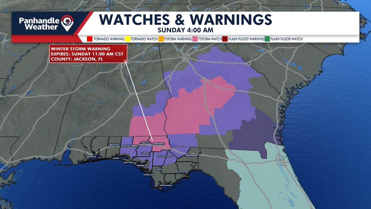 Holmes/Jackson Counties have been upgraded to a Winter Storm Warning (1-2" of snow) &amp; parts of Walton, Washington, Bay, Calhoun, Liberty, &amp; Gadsden Counties are under a Winter Weather Advisory (<1" snow).
Download the Panhandle Weather App now at Onelink.to/panhandleweath…