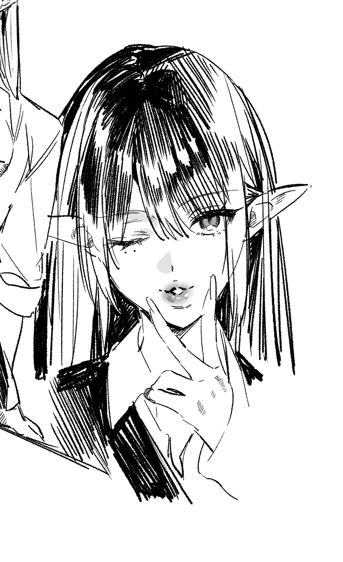 モノクロ練習ちう。黒髪エルフちゃん 