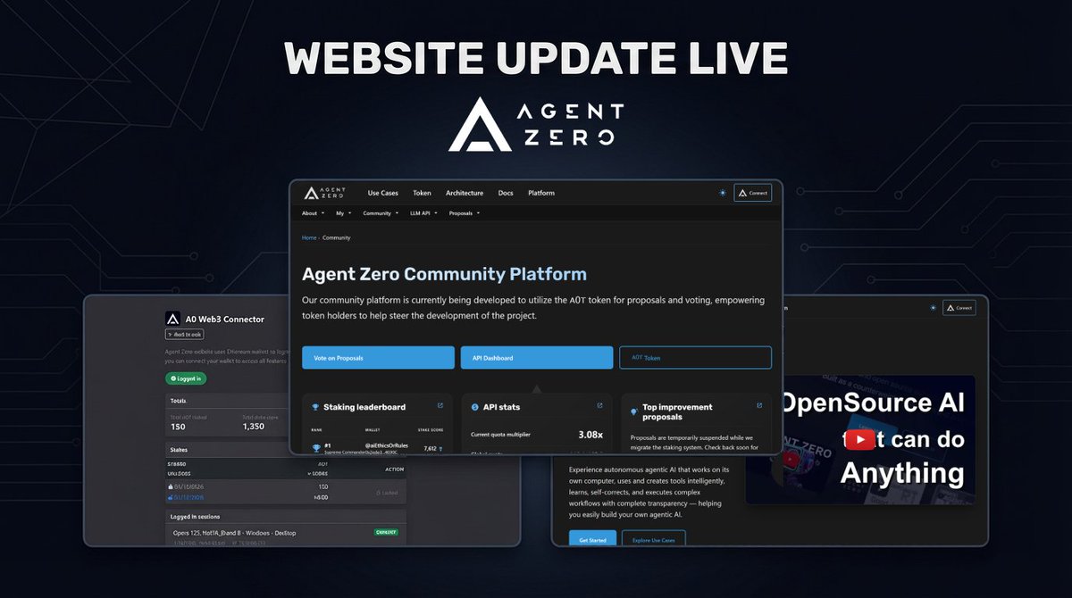 🟢 New Website is LIVE!

We just pushed a massive update to the website and Web3 infrastructure.

It’s faster, safer, introduces time-locking, the new A0T Staking Leaderboard, and much more.

Here is what you need to know. 👇

#AgentZero #Web3 #Website #A0T