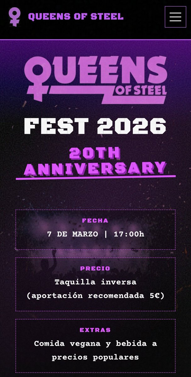 queensofsteel's tweet image. ⚔️ Celebramos 20 años con un festival de resistencia y ruido el próximo 7/03 en el Palau Alòs (BCN).

Lanzamos web con TODA la info: bandas, charla y mercadillo.

🌐 queensfest.org

Mil gracias a @CarlosMarmare por el currazo con la web. 🔗🔥

(Disponible en CAS/CAT/ENG)