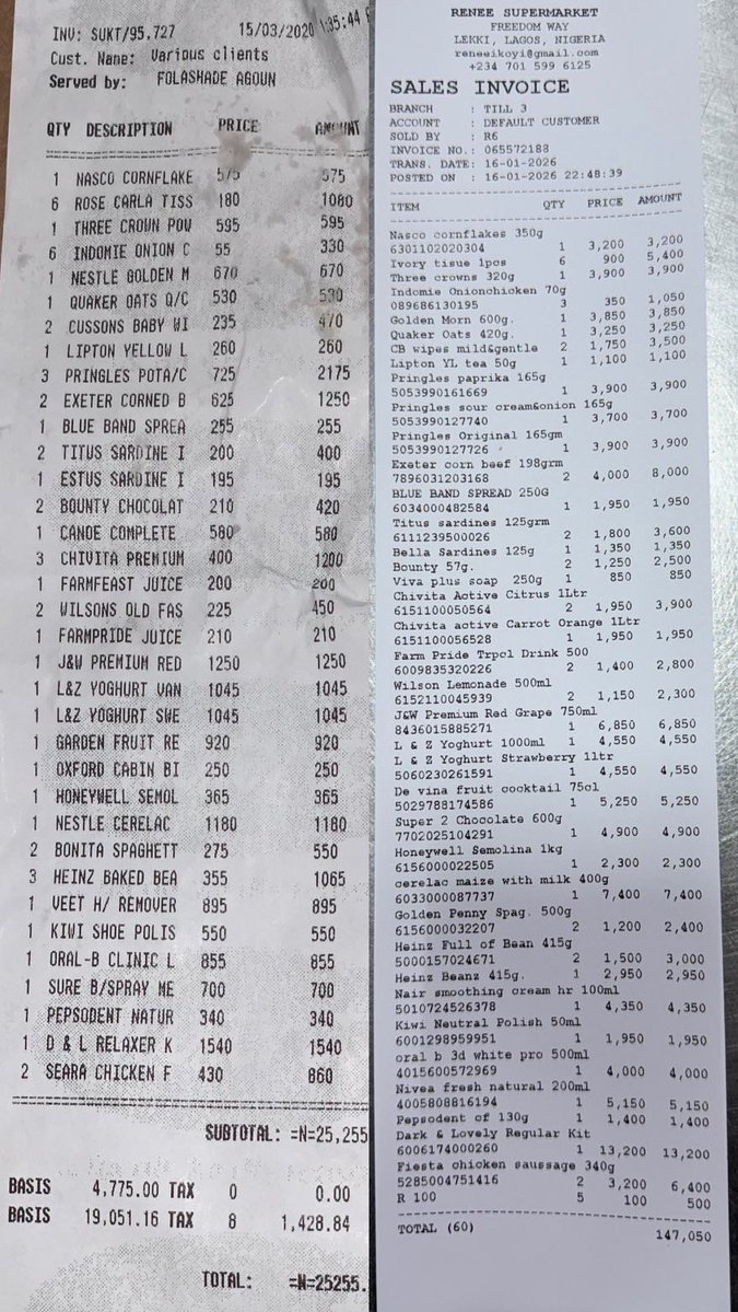 dangbanamanager's tweet image. A Nigerian decided to buy every single item on a 2020 receipt to see just how much prices have skyrocketed.

🛒 Total in 2020: ₦25,225
🛒 Total in 2026: ₦147,050

That’s a staggering 582% increase.

APC destroyed the economy, and Tinubu is about to finish the job.