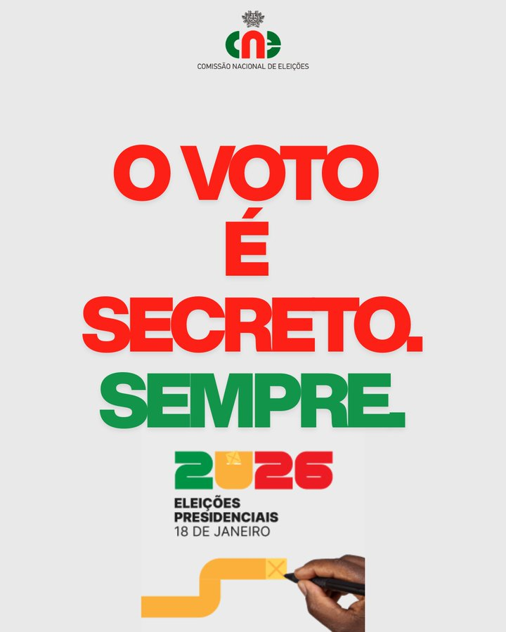 Comissão Nacional de Eleições alerta os eleitores das #Presidenciais2026:

"O voto é secreto: ninguém pode saber em quem vota nem o pode pressionar. Vote sozinho e com privacidade.  Ninguém pode exigir prova do seu voto. Vote. A presidência começa consigo."