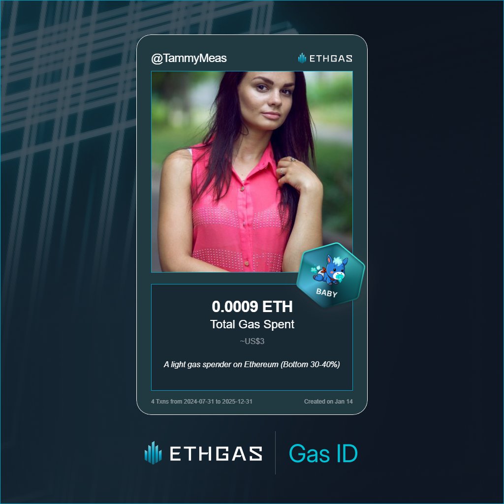 TammyMeas's tweet photo. Just unlocked my Gas ID via ETHGas 🪪

I'm a Baby Jack with 0.0009 ETH spent on gas since Beacon Chain - now fueling my climb to the Gasless Future and earned 1 Beans already.  рџ’Ћ #6569

Reveal yours at https://t.co/Zsx3bRQ49p https://t.co/bqmZ32HzEo