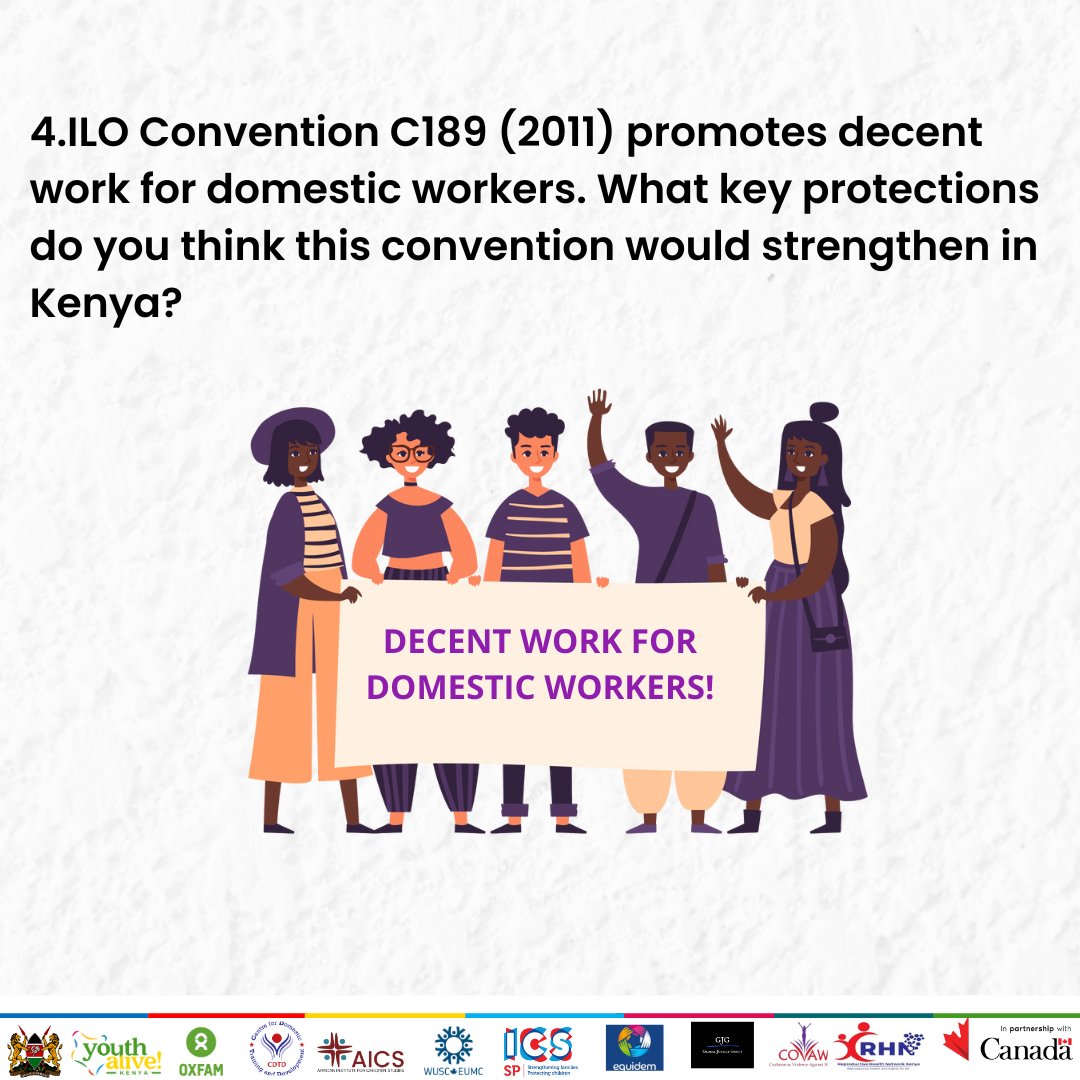 ILO Convention C189 (2011) promotes decent work for domestic workers.
What key protections do you think this convention would strengthen in Kenya?
#MakeCareCount #RatifyC189 #RatifyC190

<a href="/oxfamkenya/">Oxfam Kenya</a> <a href="/OxfamCanada/">Oxfam Canada</a> <a href="/GAC_Corporate/">Global Affairs Canada</a> <a href="/CDTDKenya/">CDTD</a> <a href="/LabourSPKE/">Ministry of Labour and Social Protection</a>