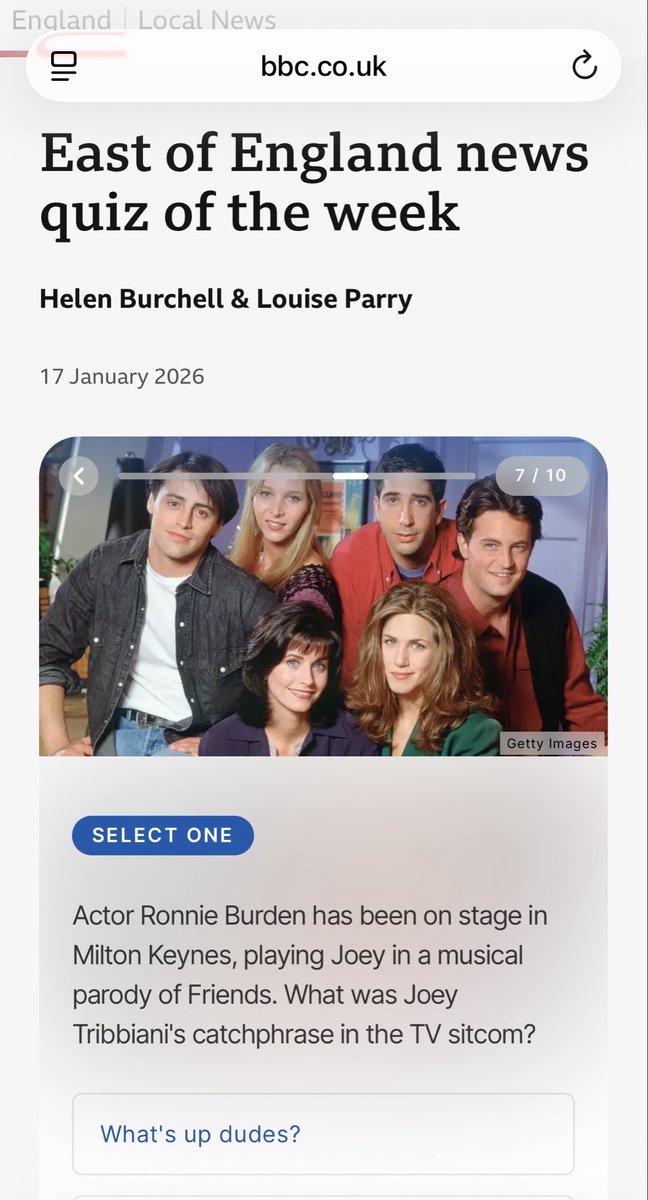 <a href="/RonnieJHBurden/">Ronnie Burden</a> prompts a question in the BBC East of England quiz of the week <a href="/FriendsUKTour/">FRIENDS! The Musical Parody</a>