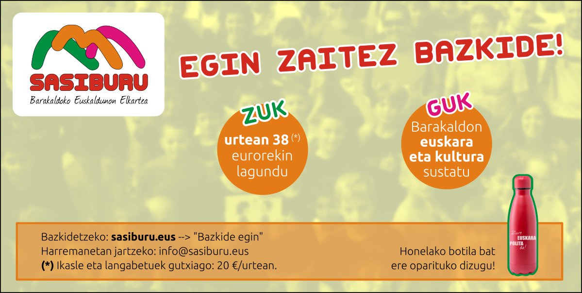 "Antolatu gaitezen euskaltzaleok!"

 Egin zaitez bazkide! Gero eta gehiago gara!

👅📝sasiburu.eus/p/bazkidetu.ht…

#Sasiburu #Barakaldo #BarakaldoEuskaraz #Euskara #TaupaMugimendua