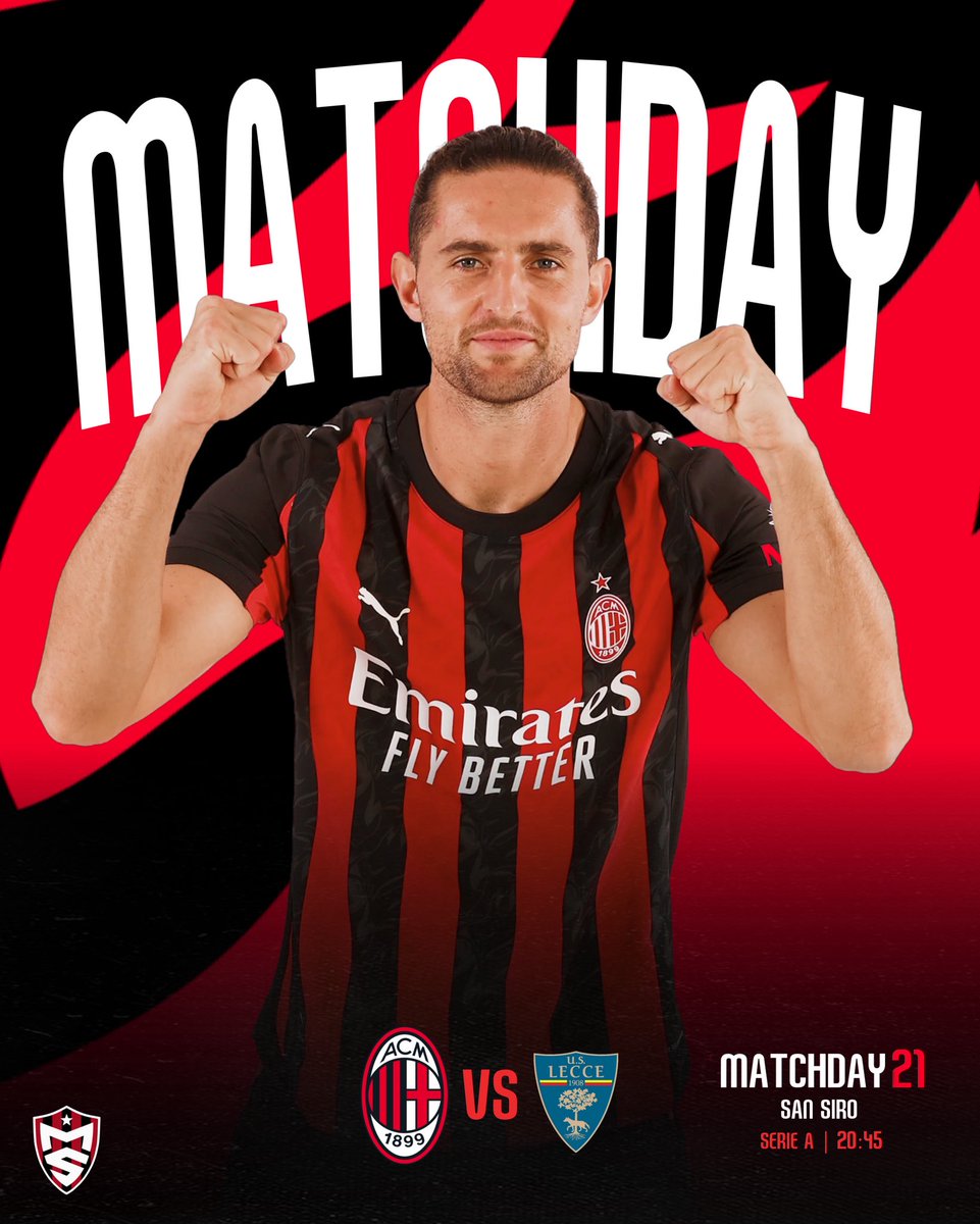 💥 Matchday 2️⃣1️⃣
⚽ #MilanLecce  
🏆 Serie A
⏰ 20:45
🏟️ San Siro