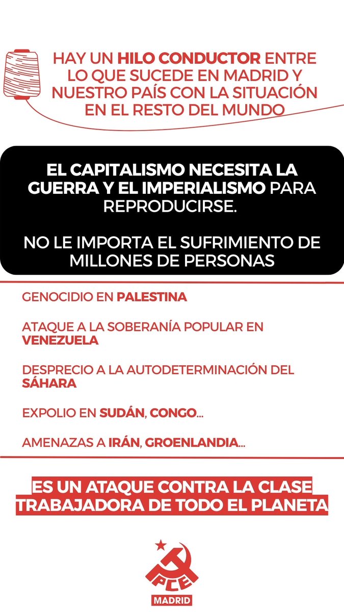 🧵 GUERRA E IMPERIALISMO.

Lo que pasa en Madrid está conectado con el mundo.

EL CAPITALISMO NECESITA LA GUERRA PARA SOBREVIVIR.

🔻Palestina 
🔻Venezuela 
🔻 Sáhara
🔻 Sudán 
🔻 Congo 
🔻 Irán

👊 Es un ataque global a la clase trabajadora.

#NoAlImperialismo
