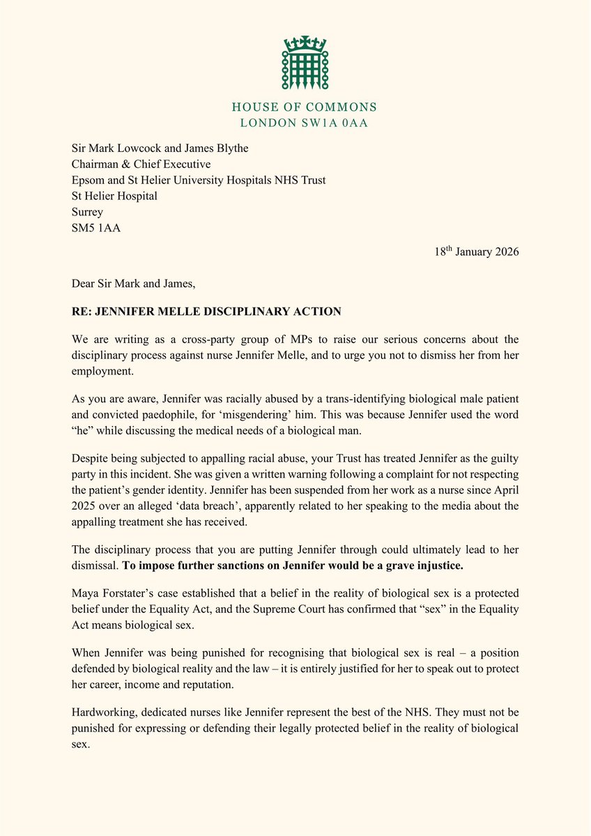 JoaniReid's tweet image. How did we get to a place where recognising someone’s biological sex is treated as misconduct?
By continuing this farce, Epsom &amp;amp; St Helier NHS Trust is acting unlawfully.
This is ideological madness. Grotesque. It must stop now.