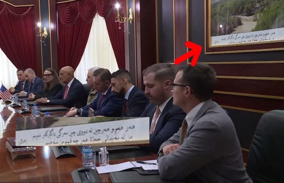 In yesterday’s meeting between President Barzani and Tom Barrack, the following poem was written behind the table of Barrack’s delegation:
“I still exist; generation after generation, I witness the death of the occupier. I stand rooted in the arena of struggle; I am Mount Safin”