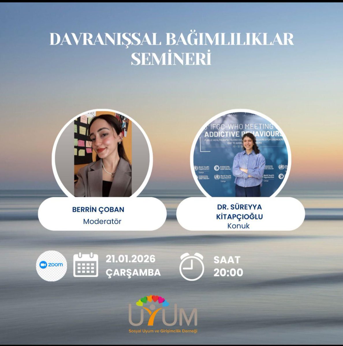 Dr. Süreyya Kitapçıoğlu’nun değerli sunumu ve Berrin Çoban’ın profesyonel moderatörlüğünde gerçekleştirilecek olan Davranışsal Bağımlılıklar Semineri, 21 Ocak 20.00'de Zoom üzerinden yapılacaktır. Kayıt için DM üzerinden bize ulaşabilirsiniz. ✨