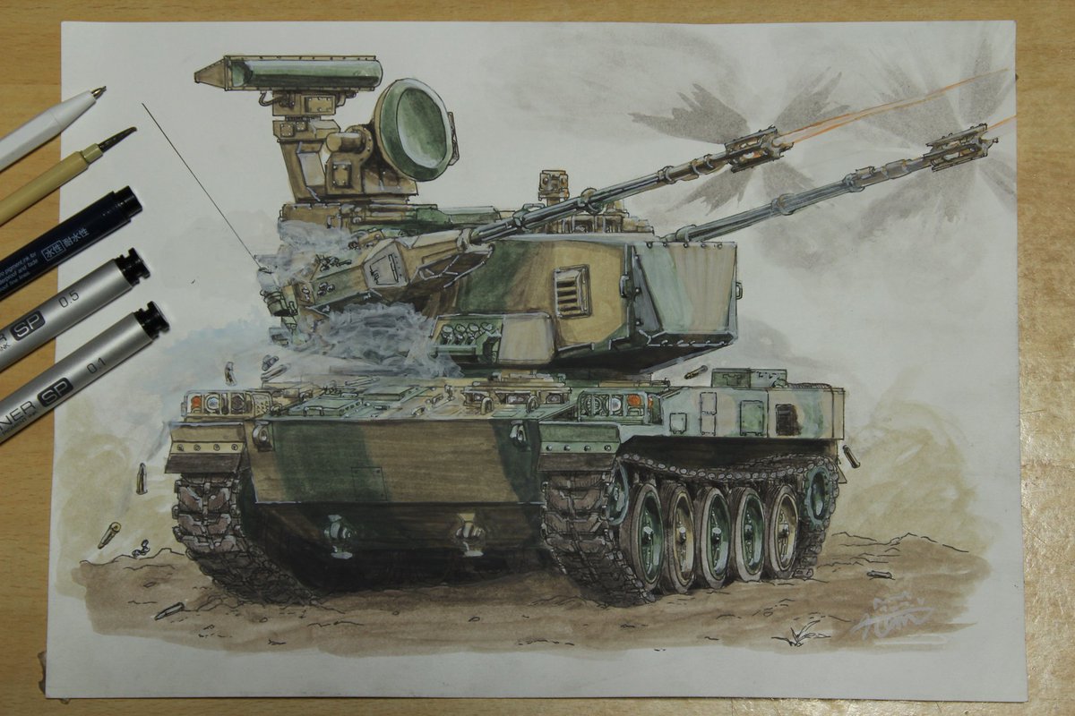 Hamu_base's tweet image. アナログで87式自走高射機関砲描きました！