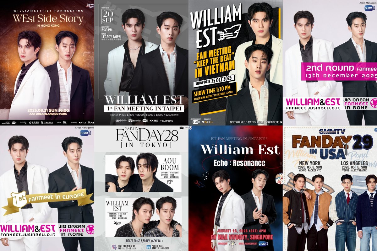loving_fictions's tweet image. 《 #WilliamEst #วิลเลี่ยมเอส 》

WilliamEst fanmeets : 

2025 : 
Aug 31 - Hong Kong 
Sept 20 - Taipei 
Oct 25 - Vietnam
Dec 13 - Rome (2 fan meets)

2026 :
Jan 11 - Japan
Jan 24 - Singapore 🔜
March 08 - New York🆕️
March 15 - Los Angeles🆕️
June 20 - Frankfurt am main 🆕️…