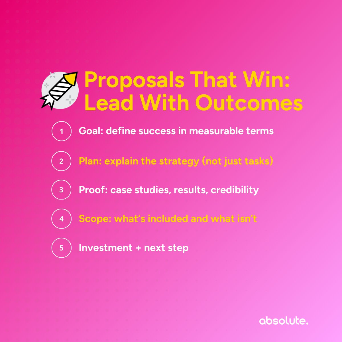 🧾 Proposal tip: lead with outcomes, not tasks.

🎯 Goal: what success looks like
📈 Plan: how you’ll get there
✅ Proof: why you can deliver
🧩 Scope: what’s in/out
💷 Investment + next step

#Sales #AgencyLife  #ProposalTips #BusinessStrategy #AgencyTips #BusinessGrowth