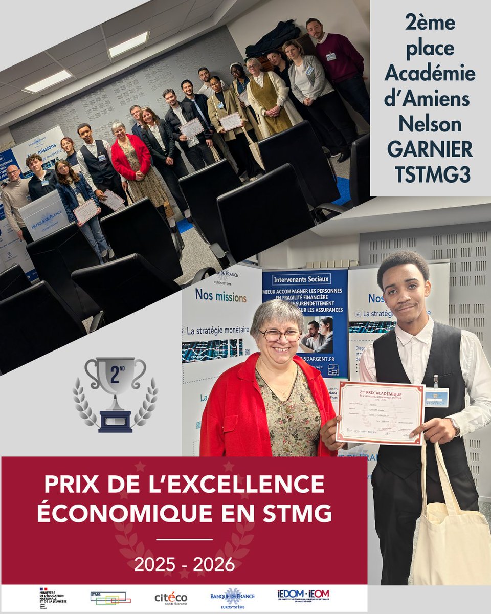 👏 Félicitations à Nelson  (TSTMG3) qui a obtenu la 2ᵉ place académique (Amiens) du Prix de l’Excellence Économique #STMG, décerné par la Banque de France.
Merci à leurs enseignants pour leur accompagnement et leur engagement auprès des élèves.
#réussite #ambition #engagement