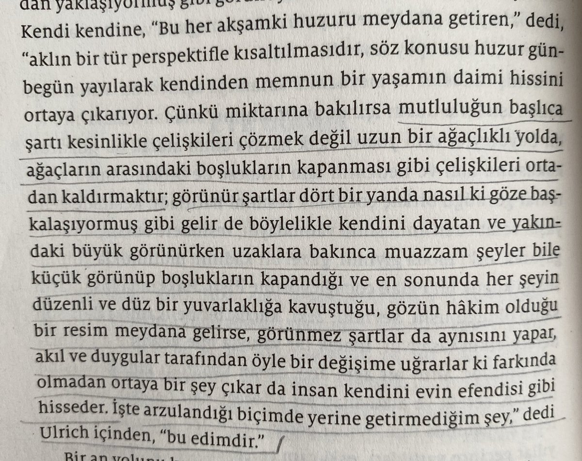 Zsanylem's tweet photo. “… mutluluğun başlıca şartı kesinlikle çelişkileri çözmek değil; uzun bir ağaçlıklı yolda, ağaçların arasındaki boşlukların kapanması gibi çelişkileri ortadan kaldırmaktır …” / Niteliksiz Adam-2 s.396 https://t.co/JjQMicn5nT