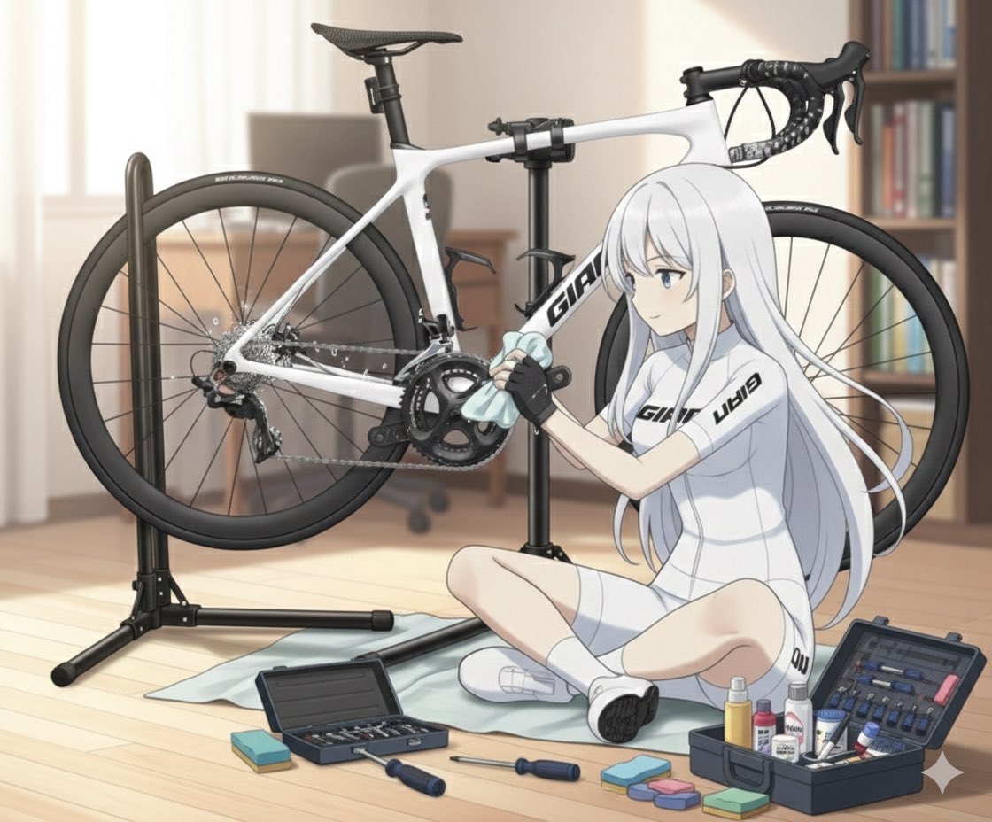 土曜は塩カルバリバリ撒かれて濡れたコース、ライドしたから清掃しないと、、