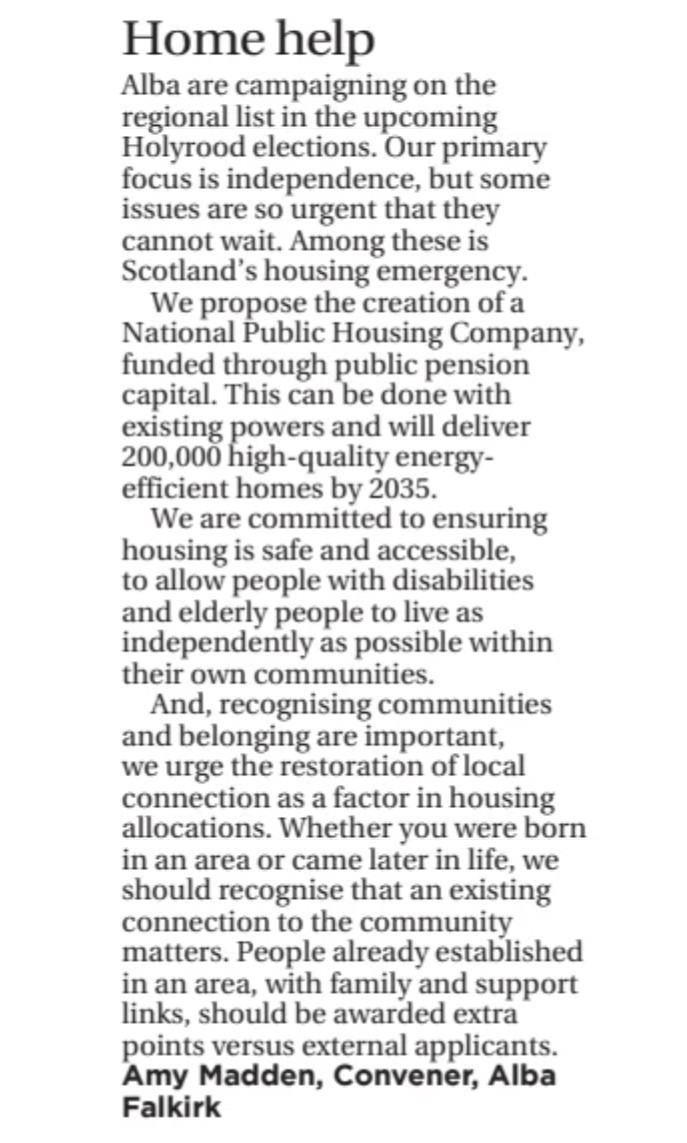 ALBAFalkirkLACU's tweet photo. Home Help- Tackling Scotland's housing emergency
Alba Falkirk in this week's @Sunday_Post
@AlbaParty
#listvotealba
#maxtheyes https://t.co/kF79i9JoDX